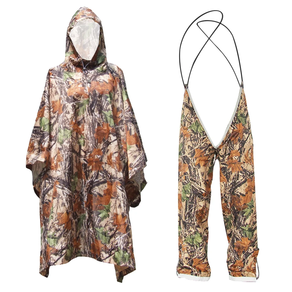 Lightweight Waterproof Camping Hiking Camo Raincoat Poncho With Rain Pant