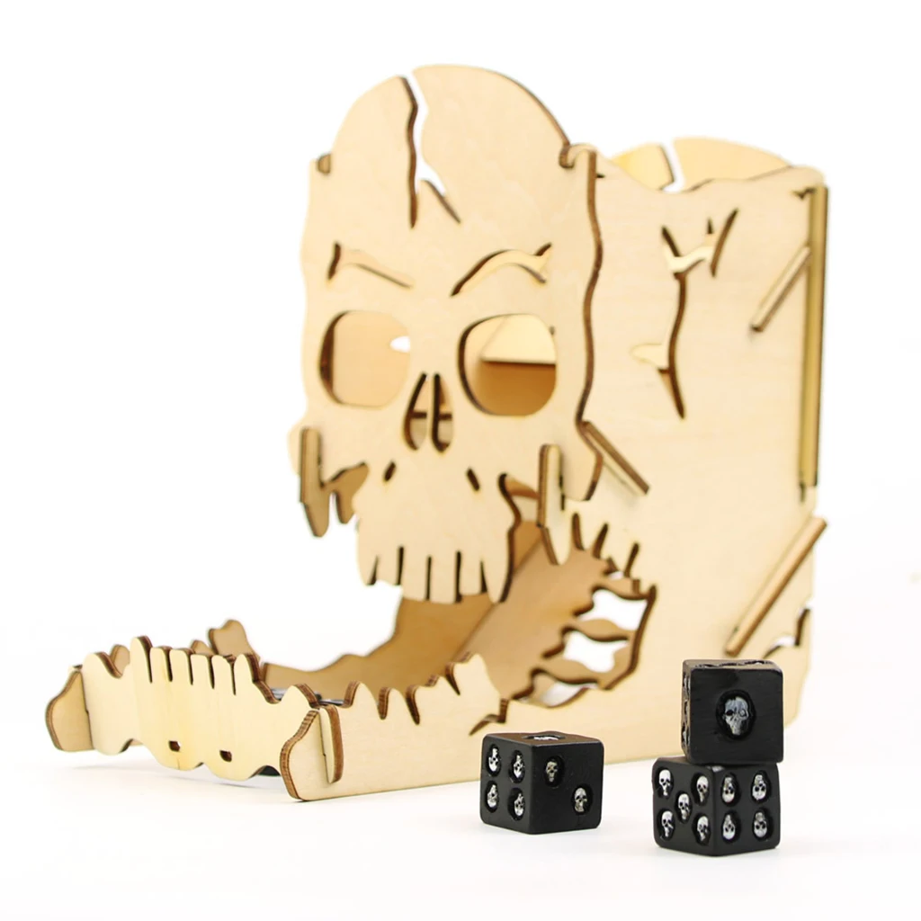 Dice Tower And Tray Wood Skull Carving Dice Easy Roller for RPG Board Games