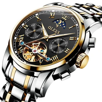 

OLEVS Mens mechanical watches with Stianless Steel Luxury Dress Business with moon phase for Male Montres mecaniques pour hommes