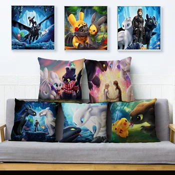 

Anime How to Train Your Dragon Pillow Cover Beige Linen Cushion Covers Cute Dinosaur Print Pillowcase Sofa Home Decor Pillowcase