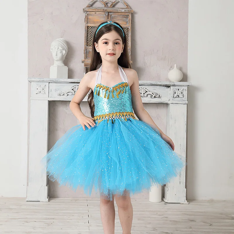 Aladdin Jasmine Girls Tutu Dress Headband Outfit Kids Birthday Party Pageant Sparkly Tulle Fancy Dress Sequins Children Clothes (7)