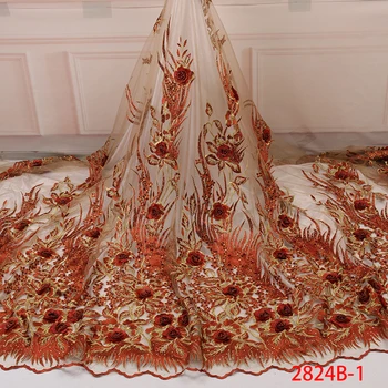 

2019 Lastest Hot Designs African 3D Flower Fabric with Beads French Mesh Net Lace Fabrics for Wedding Dress AMY2824B