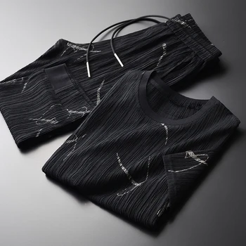 

Summer Mens Plus Size Printed Wrinkle Fabric Sport Short Sleeve Man Hight Quality Calf Length Pants Men's Sets