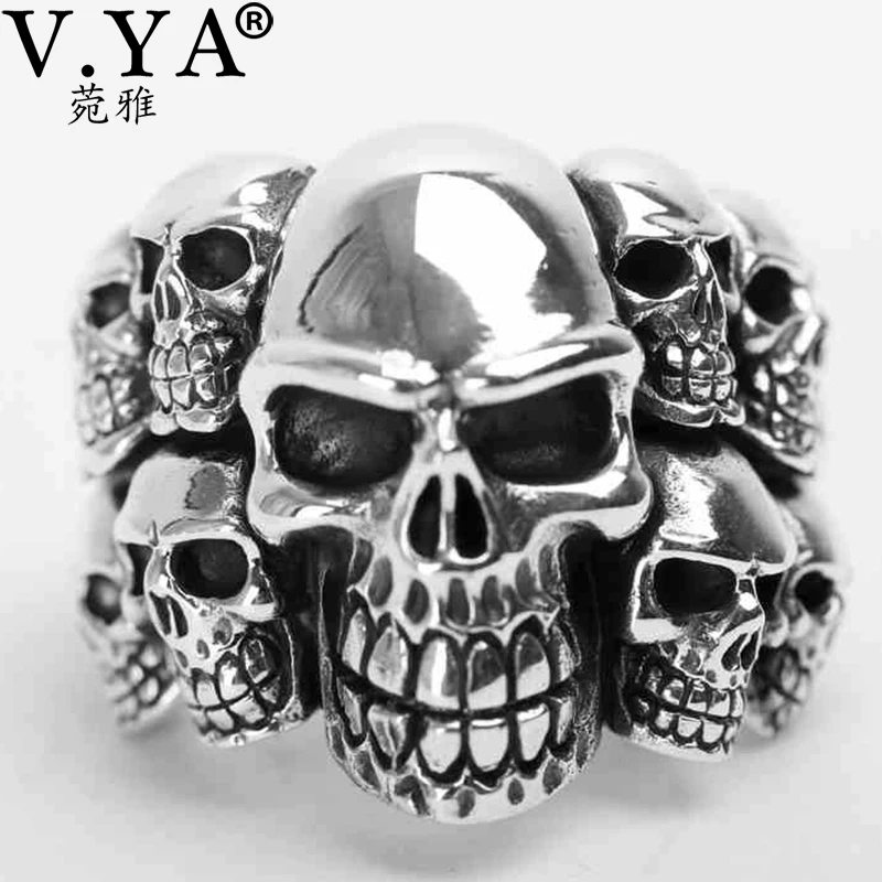 

V.YA Silver Skull Ring Solid Real 925 Sterling Silver Ring for Man and Boy Jewelry Vintage Punk Locomotive Skull Ring