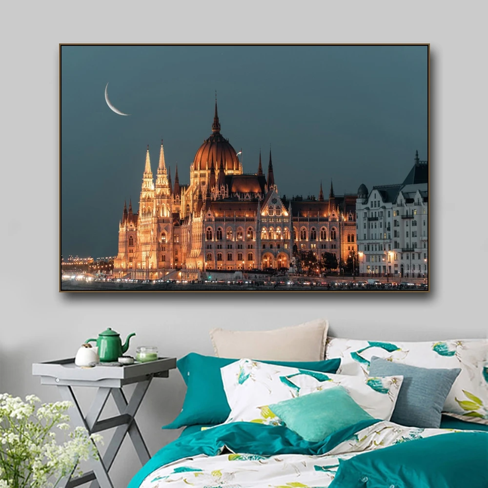 Laeacco Hungarian Parliament Building Posters and Prints Fumous Place of Interest Wall Art Home Decor Pictures Canvas Painting | Дом и сад