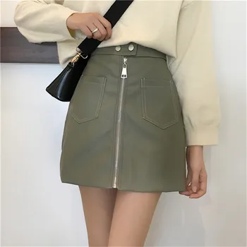 

Lychee Girls Solid Women PU Skirt Casual Spring Summer Autumn Lady Bottoms High Waist A Line Zipper Pockets Mini Female Skirts