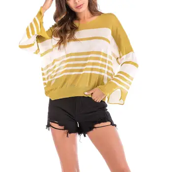 

Autumn Casual Striped Print Patchwork Loose Knitted Women V-neck See Through Full Sleeve Split Sweater Knitted Tee Top
