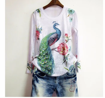 

Hot drilling peacock print t shirt women 4XL 2019 autumn long sleeve graphic tees modis tshirt basic tops o-neck tee shirt femme