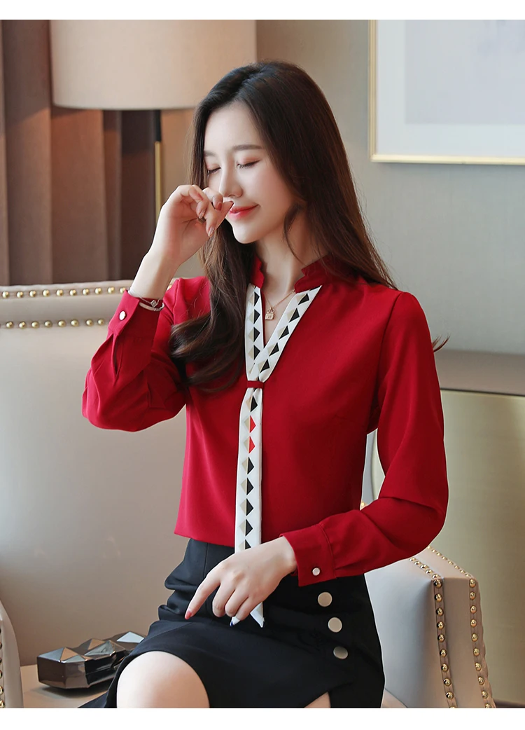 Dingaozlz blusa feminina Elegant Chiffon shirt Long sleeve Ladies blouse Red White Office lady shirt Patchwork Women Tops