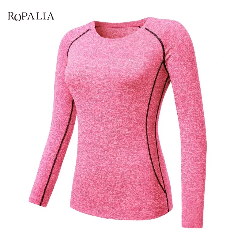 Women Compression Long Sleeve T-Shirts Casual Clothes Tights Long Sleeve Quick Dry Thermal Base Layer Tops 1 - Цвет: Розовый