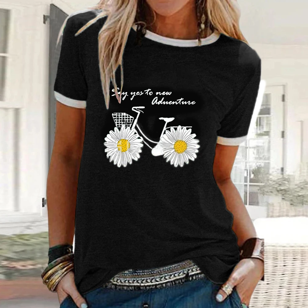 CYSINCOS Women Flower T-shirts Lady Fashion Short Sleeve Clothes Summer Shirt Top Tee O Neck Female Ladies Womens Tee T-Shirt