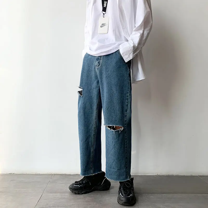 

Ripped Straight Jeans Men's Fashion Casual Retro Hole Jeans Trousers Men Streetwear Wild Loose Hip Hop Denim Pants Mens M-2XL