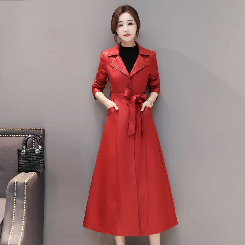 Red Модная X-Long женская кожаная куртка зима осень размера плюс 4XL элегантные потертые пальто из искусственной кожи Женский Тренч с поясом - Цвет: Red