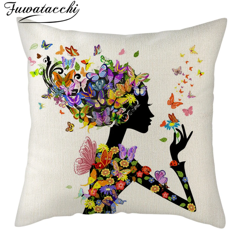 

Fuwatacchi Pure Linen Cushion Cover Cartoon Gorgeous Girl Pillow Cover for Home Chair Sofa Decorative Throw Pillowcases 45x45 Cm