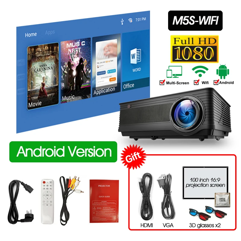 M5W-HD ALSTON M5 M5W Full HD 1080P проектор 4K 6500 люмен кинопроектор проектор Android WiFi Bluetooth hdmi VGA AV USB с подарком - Цвет: M5W-HD