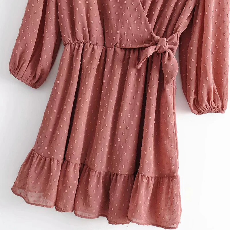Online Mono elegante Vintage de chifón atado con lazo punteado para mujer 2019 moda cuello en V manga larga cintura elástica Mujer Chic