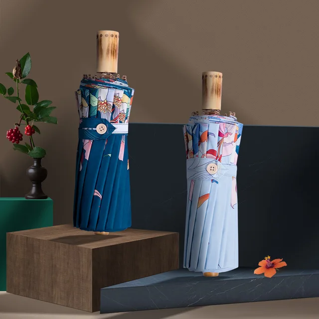 2020 Divat 16Ribs Eső Esernyők A Nők Számára Szélálló Fa Fogantyú Három Hajtogatott Uv-Ellenes Napsósító Parasol Guarda Chuva - Image 6