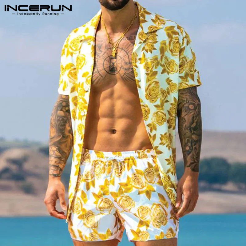 

Men Hawaiian Sets Printing 2020 Summer Short Sleeve Button Shirt Beach Shorts Streetwear Casual Mens Suit 2 Pieces S-5XL INCERUN
