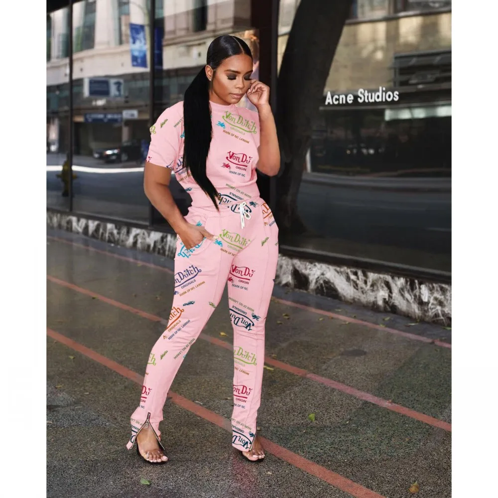 T-shirt 2 Pieces Suit Women Round Neck Long Sleeve Top + Pantsuit African Fashion Sexy Print 2 Pieces Suit 2021 Summer New