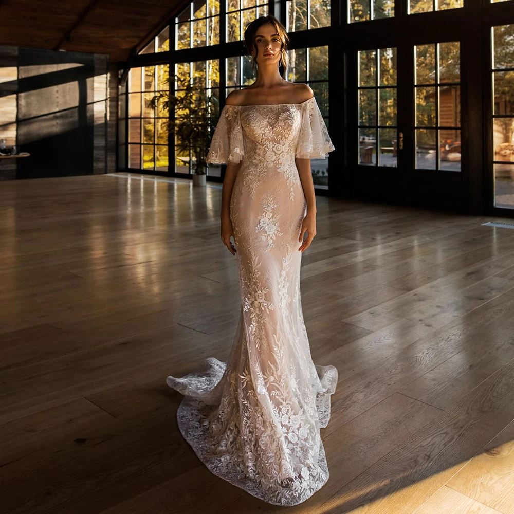 На заказ Аппликации Кружева Элегантный Русалка Свадебные платья Vestido De Noiva Sereia лодочка шеи молния на короткий рукав платье бохо