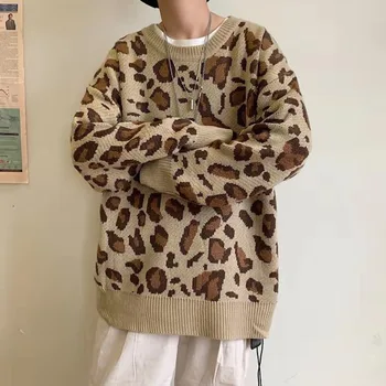 

Winter Leopard Sweater Men's Warm Fashion Pullover Men Casual Knit Sweater Man Streetwear Sweaters Loose Sweter Clothes Male