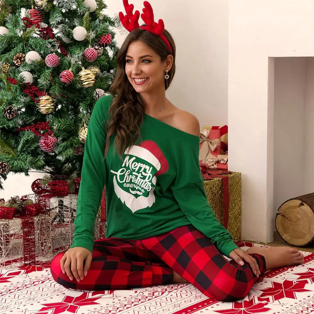 Рождественский костюм с буквенным принтом, рубашка с длинными рукавами, клетчатые длинные штаны, повседневные пижамы, женский домашний костюм, комплект из двух предметов