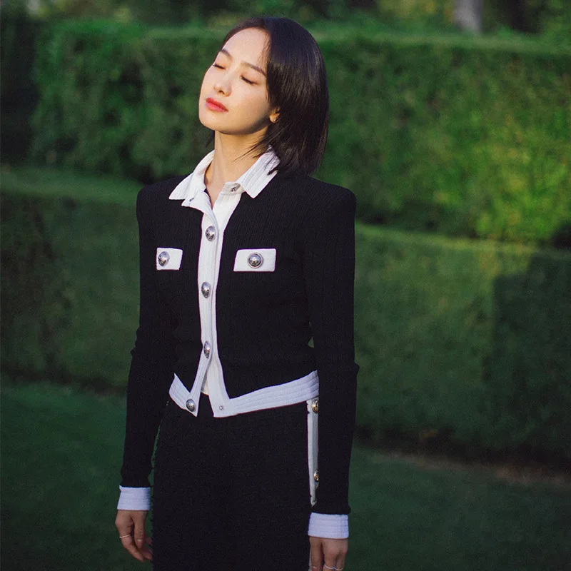 

Knitted Broad-legged Trousers Suit with The Same Style of Foreign Gas Splicing Jacket Autumn New Fashion Two-piece Set 2019