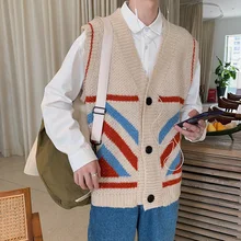 Жилет свитер мужской свободный v-образным вырезом без рукавов жилет кардиган Осенняя Корейская версия тренда мужской свитер