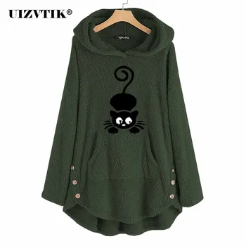 

Autumn Winter Hoodies Sweatshirt Women 2020 Casual Black Cat Thick Fleece Pullover Long Hooded Jacket Female Plus Size Loose Top