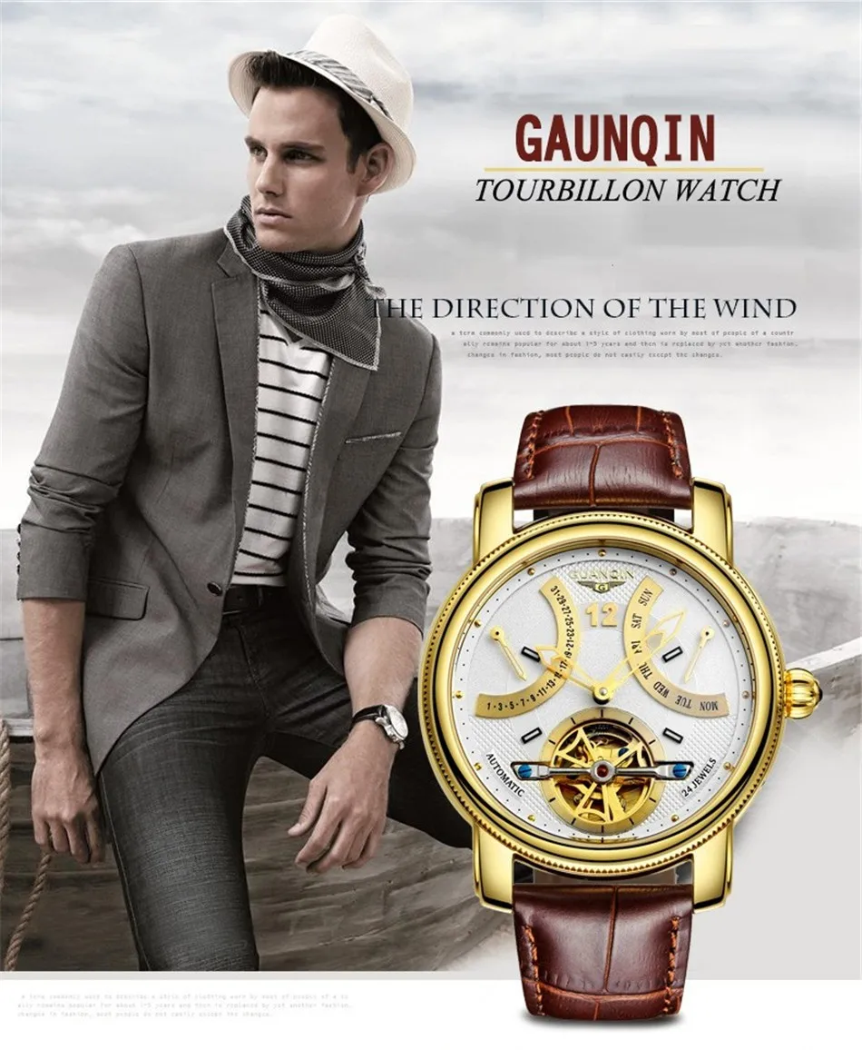 GUANQIN Tourbillon механические часы Мужские автоматические сапфировое стекло кожаный ремешок водонепроницаемые классические золотые наручные часы Reloj Hombre