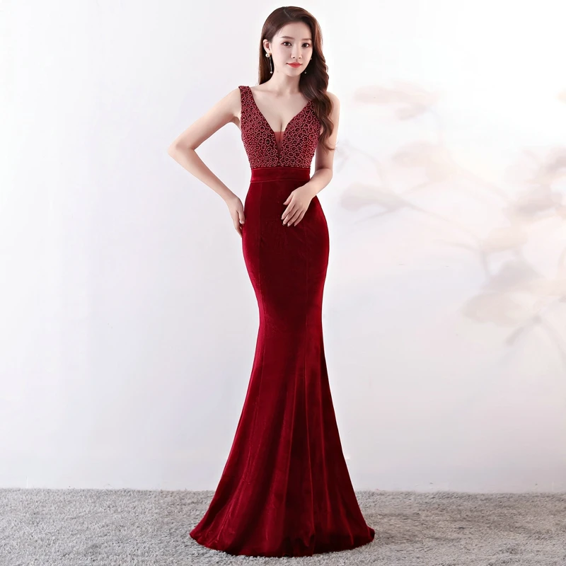 YIDINGZS новое длинное вечернее платье с v-образным вырезом и бисером элегантное велюровое вечернее платье с открытой спиной YD923