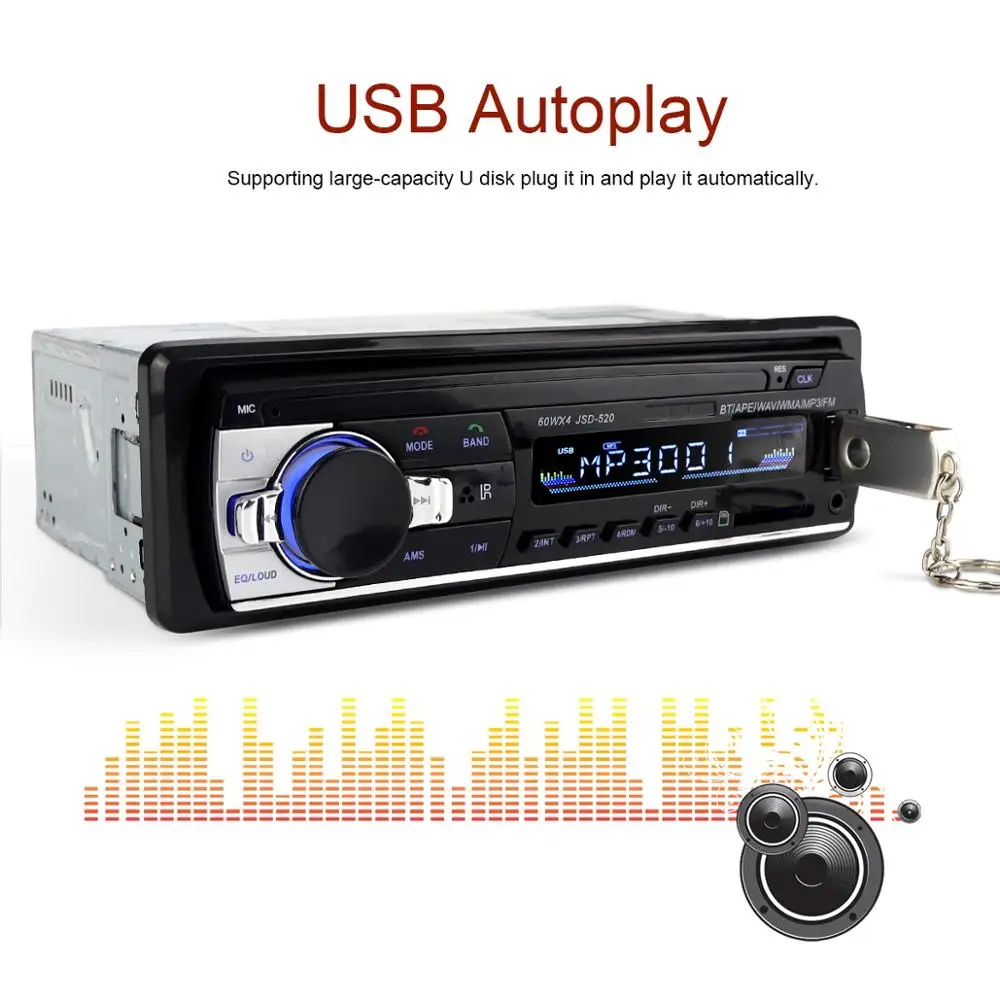 Автомобильный Bluetooth авто стерео Aux вход FM радио, sd, usb 12v In-dash 1 Din Автомобильный MP3-плеер JSD 520 Авторадио ИК-приемник