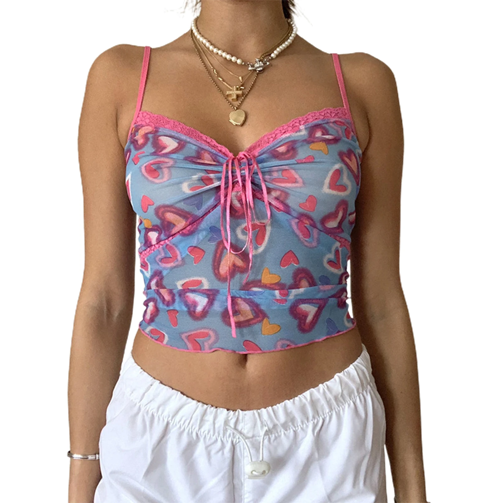 Women Cute Spaghetti Strap Lace Patchwork Heart Print Sheer Mesh Camisole Sexy Crop Cami Tops Summer Fall Spring Blue | Женская одежда