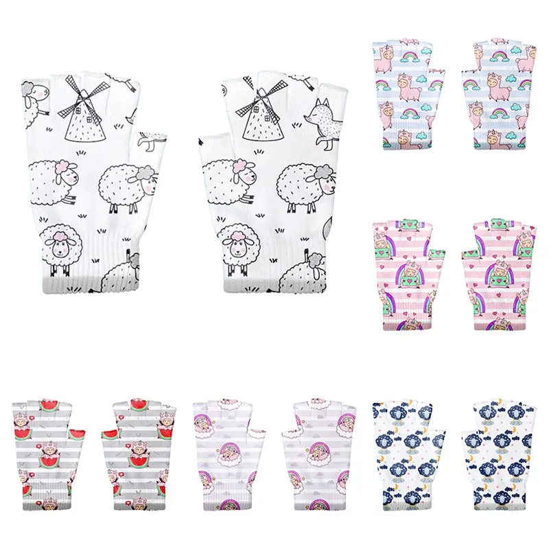 Writing Work Knitting Gloves Women Acrylic Half Finger Glove Female Cartoon Cute Sheep Pattern Exposed | Аксессуары для одежды