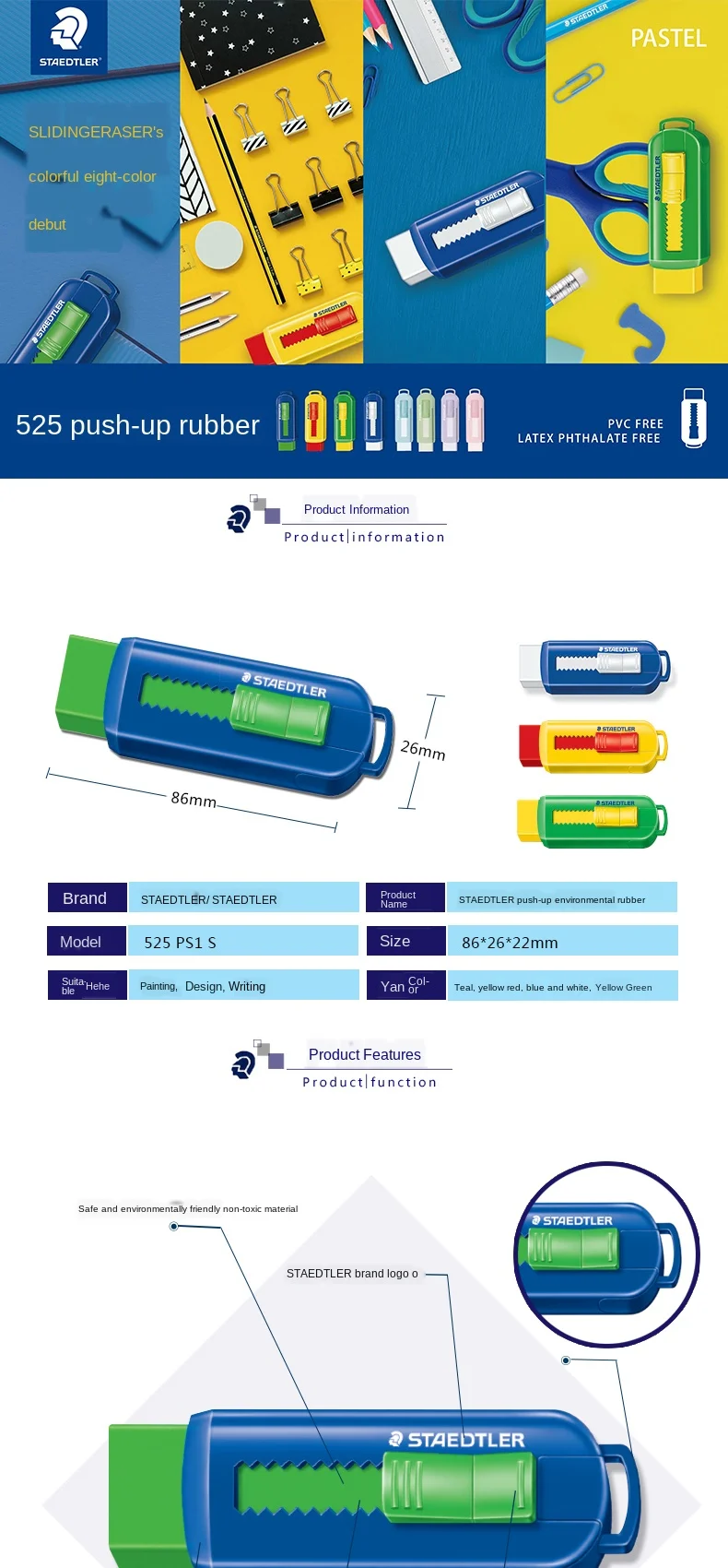 Alemão Staedtler Retrátil Empurrar Borracha 525 Ps1 Estudante Design Gráfico Escritório 2 Cheap Apagador