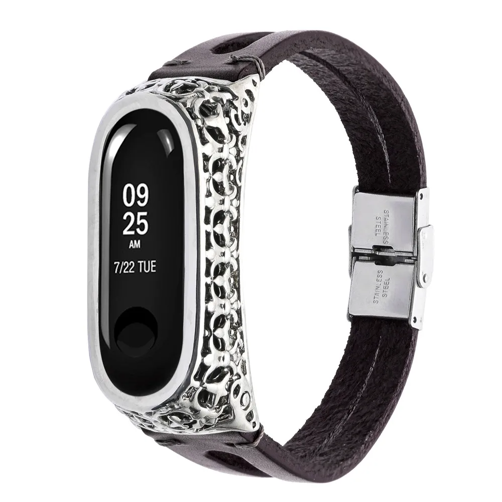 Винтаж двухрядные кожаные умные часы-браслет для Xiaomi mi Band 3 браслет с серебристым металлическим чехол mi nority Стиль ремень 225 мм