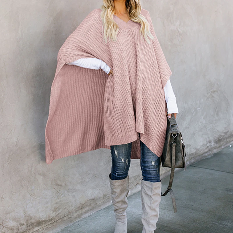 Women's Autumn Winter Sweater Split Batwing Sleeve Long Coat Female Casual Loose Knitted Pullover Solid Pink Cloak Jumper | Женская