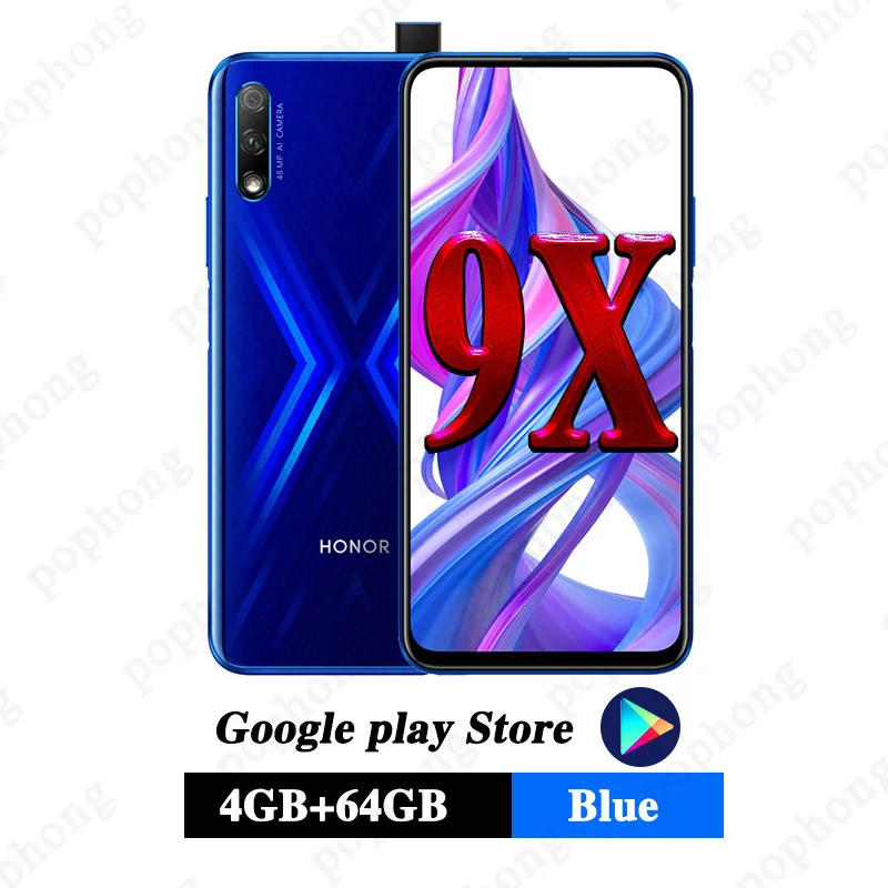 Honor 9X мобильный телефон 6,5 ''полный экран Kirin 810 Восьмиядерный Поддержка Google play 48MP всплывающая фронтальная камера 16MP 4000mAh - Цвет: 4G 64G Blue