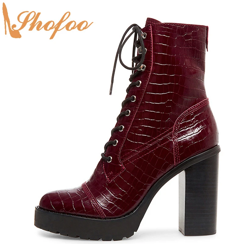 Botines de cocodrilo para mujer, Botines de tacón alto y grueso con cordones y punta redonda, talla grande 12 16, zapatos de moda Shofoo|Botas hasta el tobillo| -