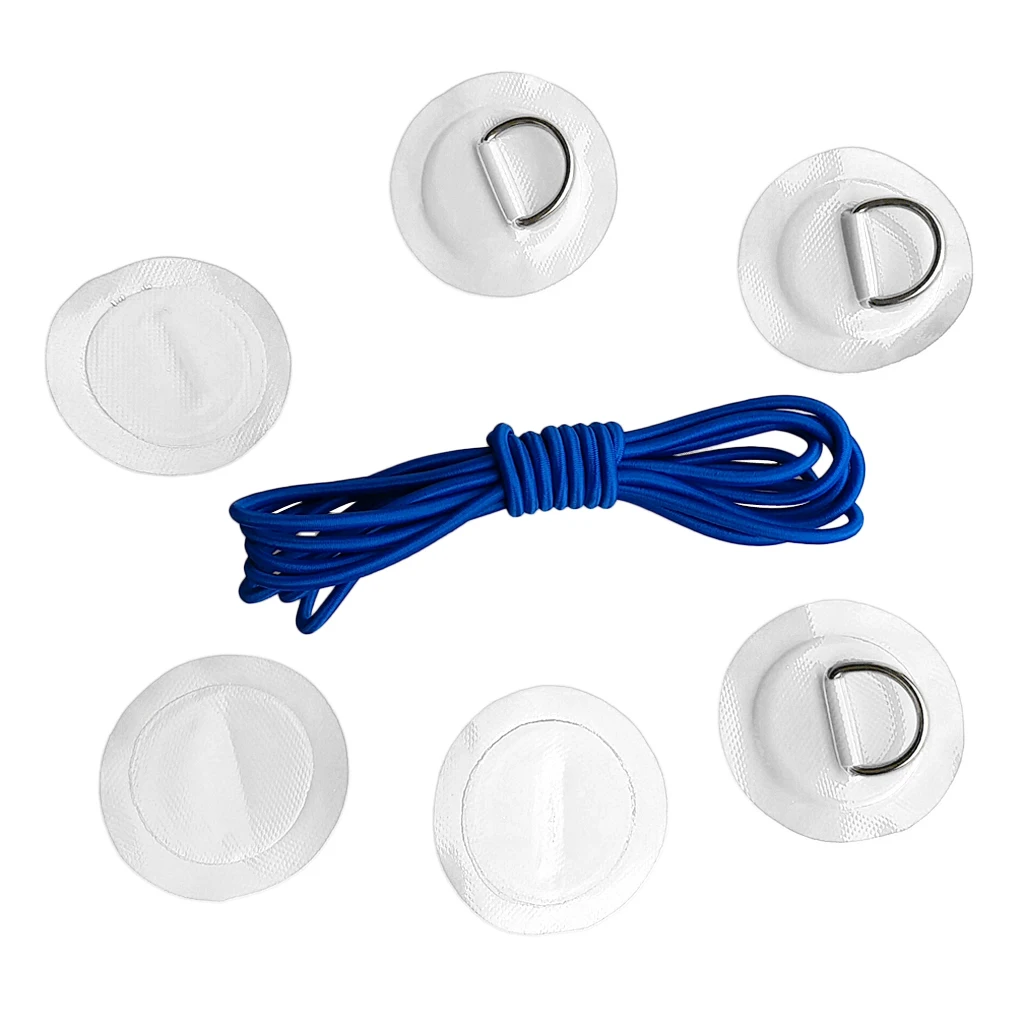 6Pcs Inflatable Boat Kayak SUP D-ring Patch & Elastic Shock Cord Set- 6 Colors Dinghy D Ring Round Patch