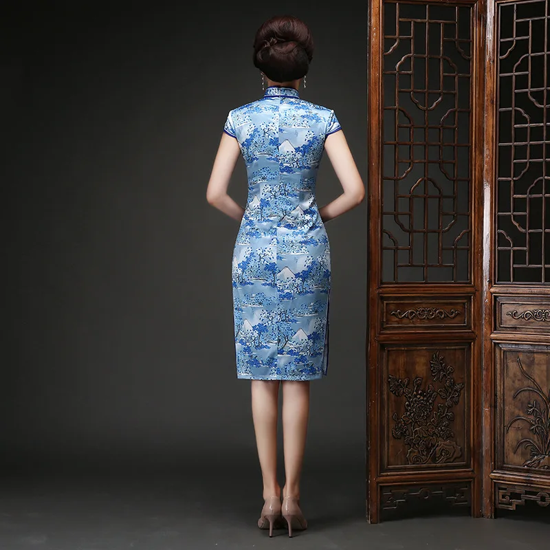 Традиционное китайское платье Vestidos женские атласные Qipao Мини Cheongsam цветочный размер M-4XL