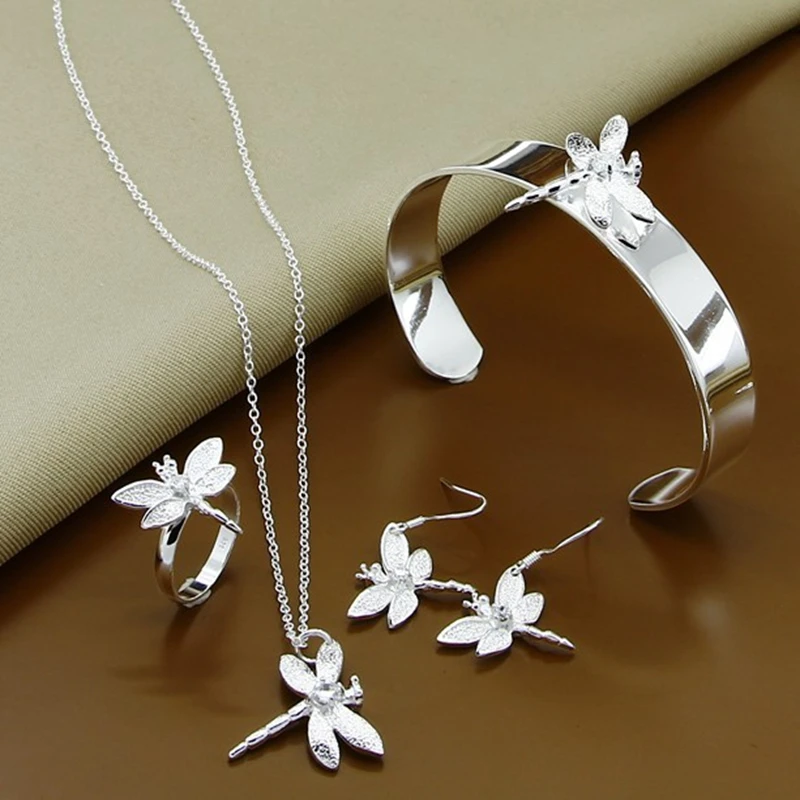 925 Sterling Silver AAA Zircon Dragonfly Necklace Earrings Ring Bracelet Set For Female Engagement Party Wedding Fashi jewelry set silver jewelry set