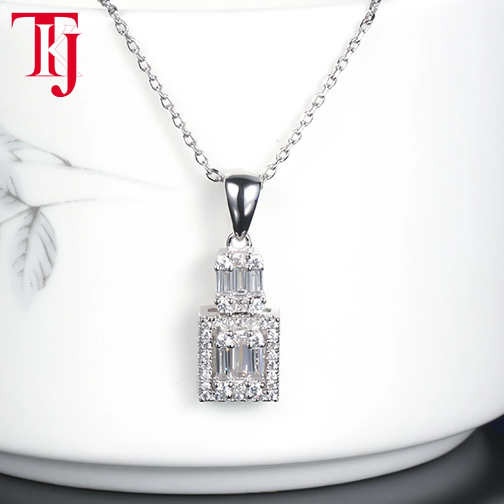 

TKJ 925 Silver Gemstone Pendant Necklace with 40cm Chain for Women Baguette CZ Zircon Link Chain Necklace Party Wedding Jewelry