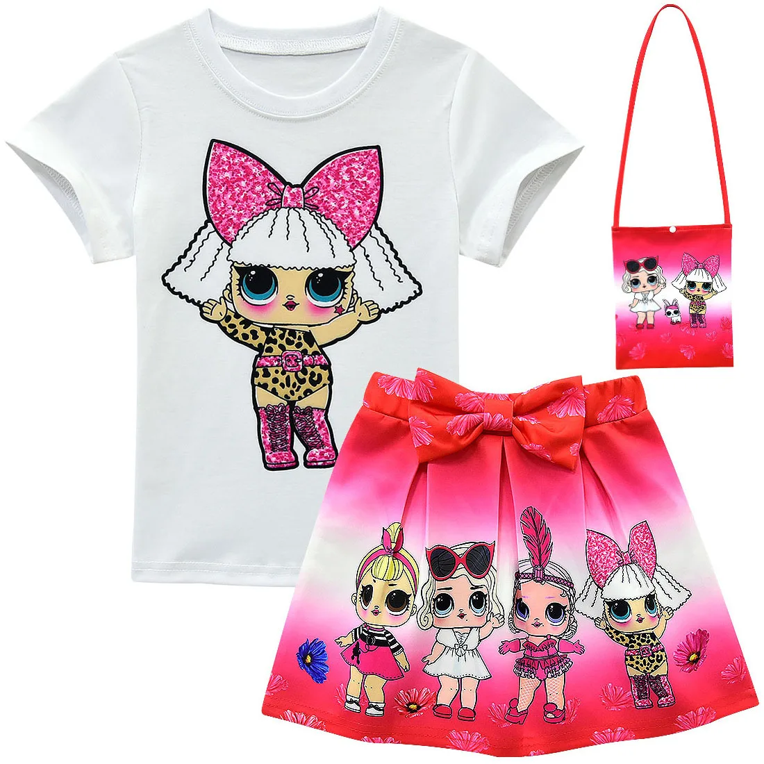 

2019 new explosion doll cartoon LOl girl short-sleeved skirt suit surprise sweet girl bag 3 piece set