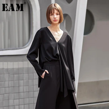 

[EAM] Women Black Brief Temperament Blouse New V-collar Long Sleeve Loose Fit Shirt Fashion Tide Spring Autumn 2020 1D129