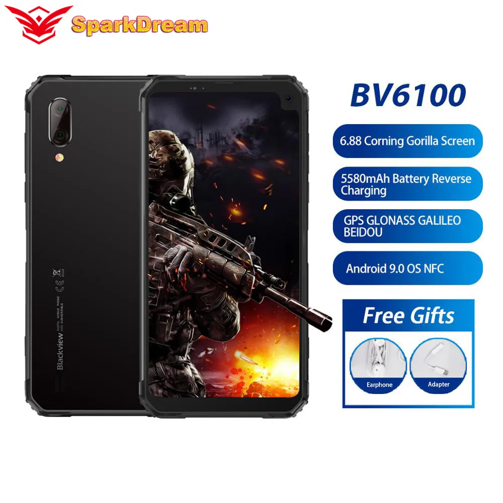 Blackview BV6100 IP68 водонепроницаемый смартфон 6,88 "3 GB + 16GB Android 9,0 MT6761 Восьмиядерный 5580mAh NFC 5MP + 8MP NFC мобильный телефон