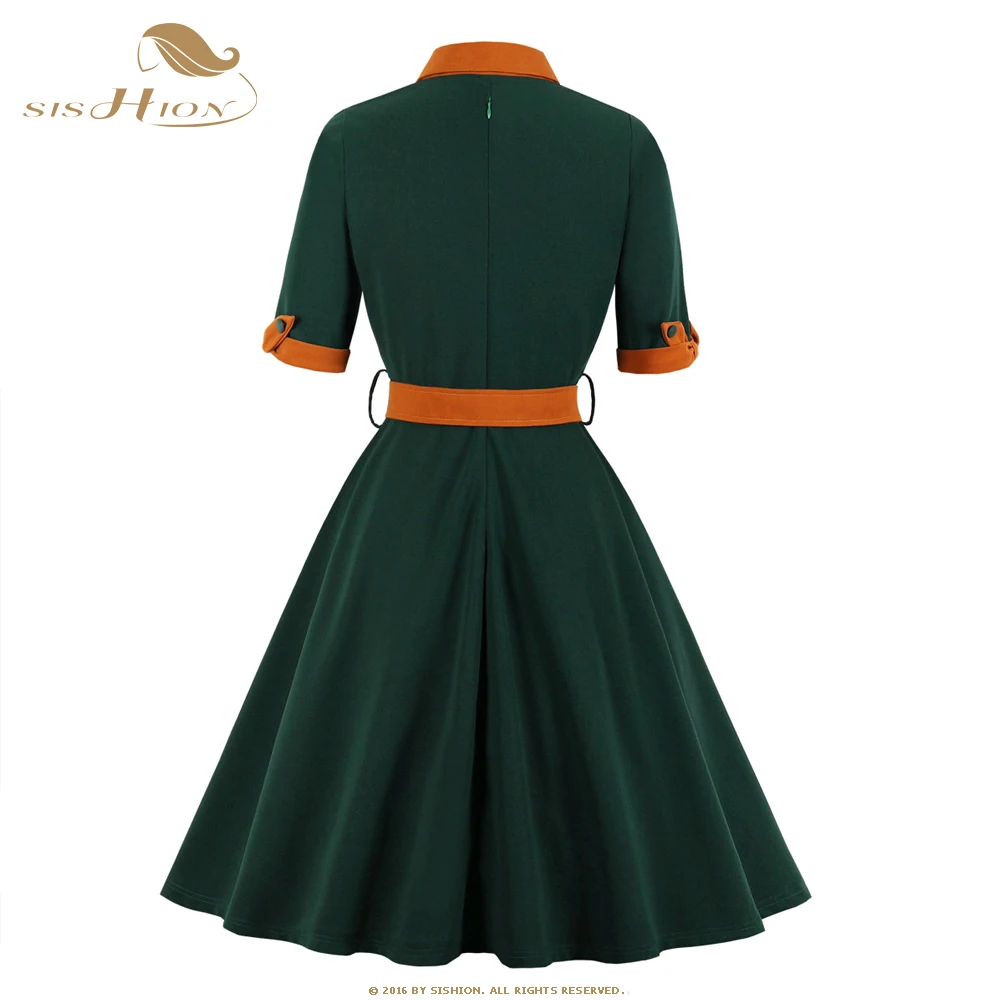SISHION осеннее платье SP0609 с полурукавом, винтажные осенние платья для женщин, женская элегантная туника, зеленое платье