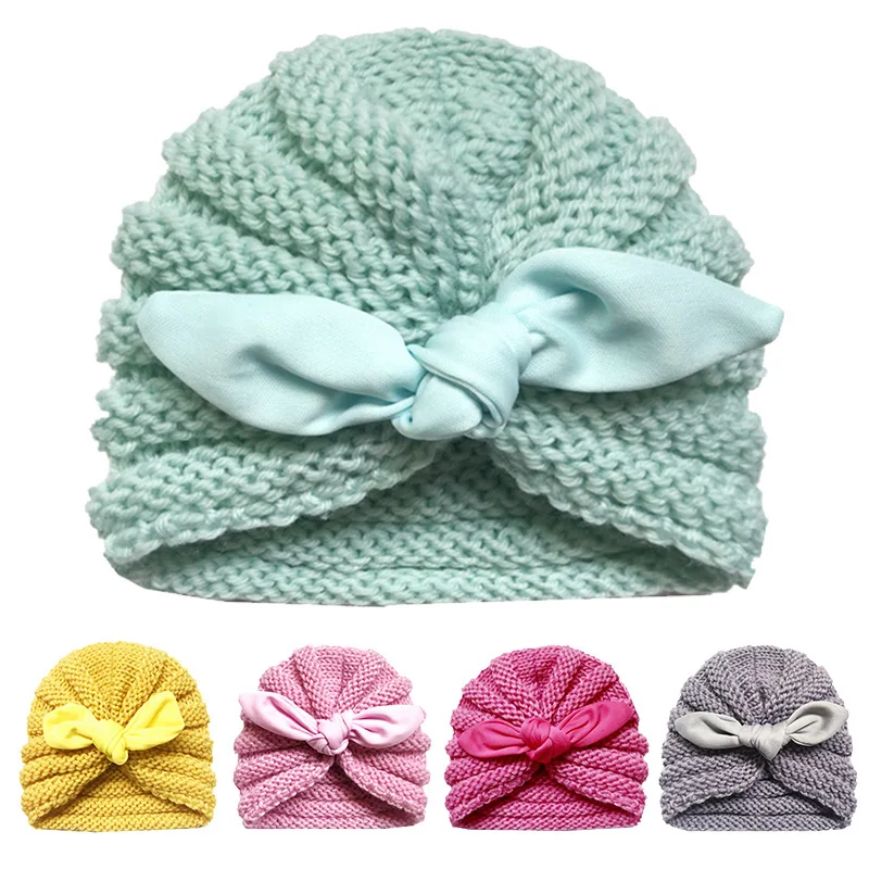 Милая шапка с бантом для маленьких девочек, вязаная шапка с заячьими ушками для новорожденных мальчиков, шапка-тюрбан, зимняя теплая детская шапка, Шапка-бини