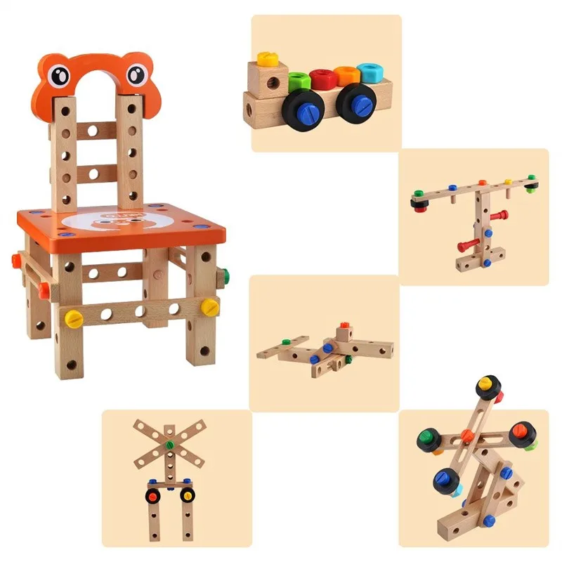 

52pcs Multifunction Wooden Building Sets DIY Screw Block Activity Working Chair Construction Sets Puzzle Assembly Wooden Toys