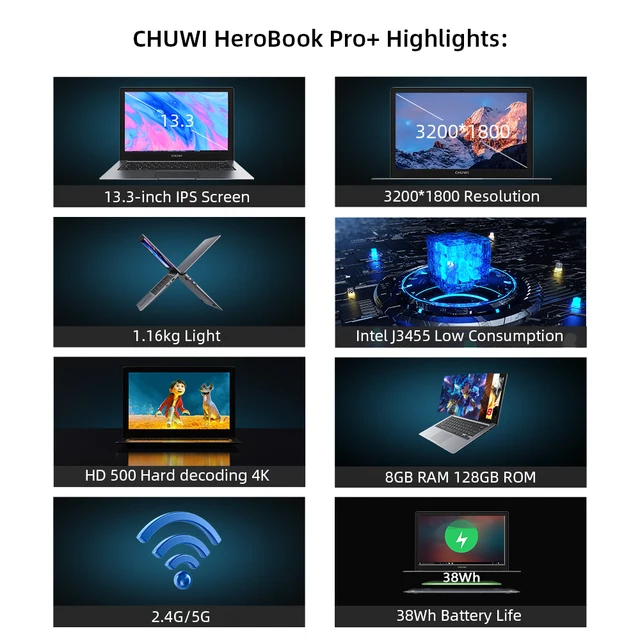 CHUWI HeroBook Pro+, 13.3 Inch, 3200*1800 Resolution, Intel Celeron J3455 Processor, LPDDR4 8GB, 128GB ROM, Windows 10, Laptop 3